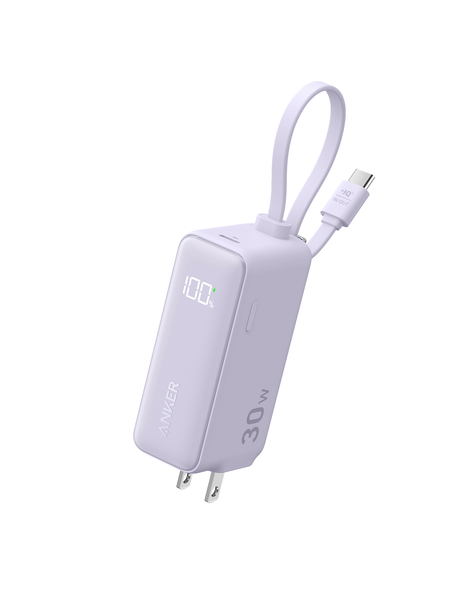 Anker Power Bank (30W, 5k, Fusion, Built-In USB-C Cable) Lilac Purple