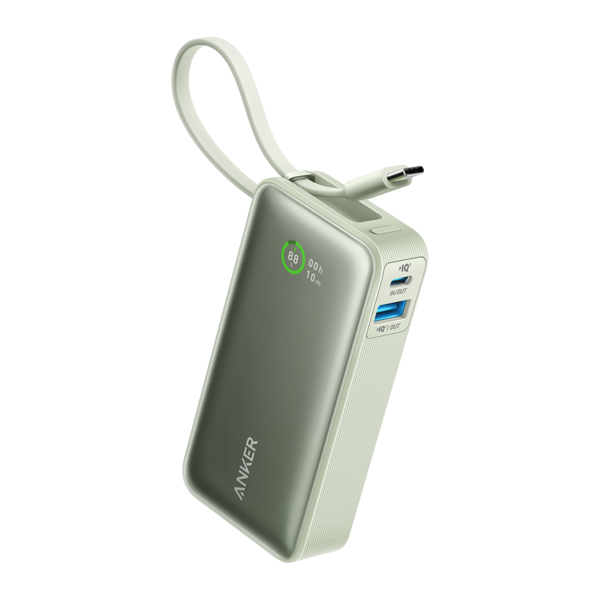 Anker Nano Power Bank (30W, Built-In USB-C Cable) Natural Green