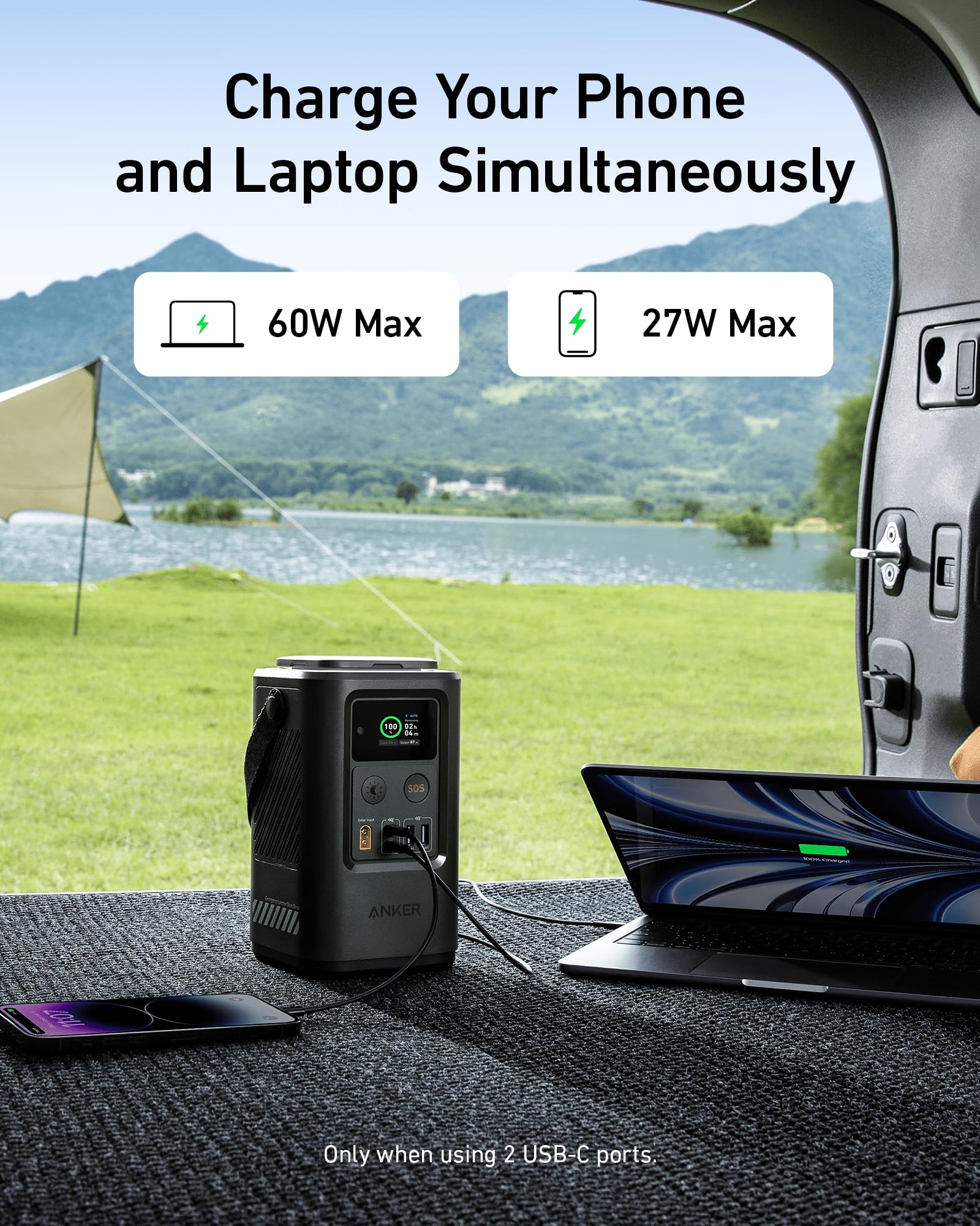AnkerSOlLIX charging phone and laptop simultaneously with 60W max in camping van.