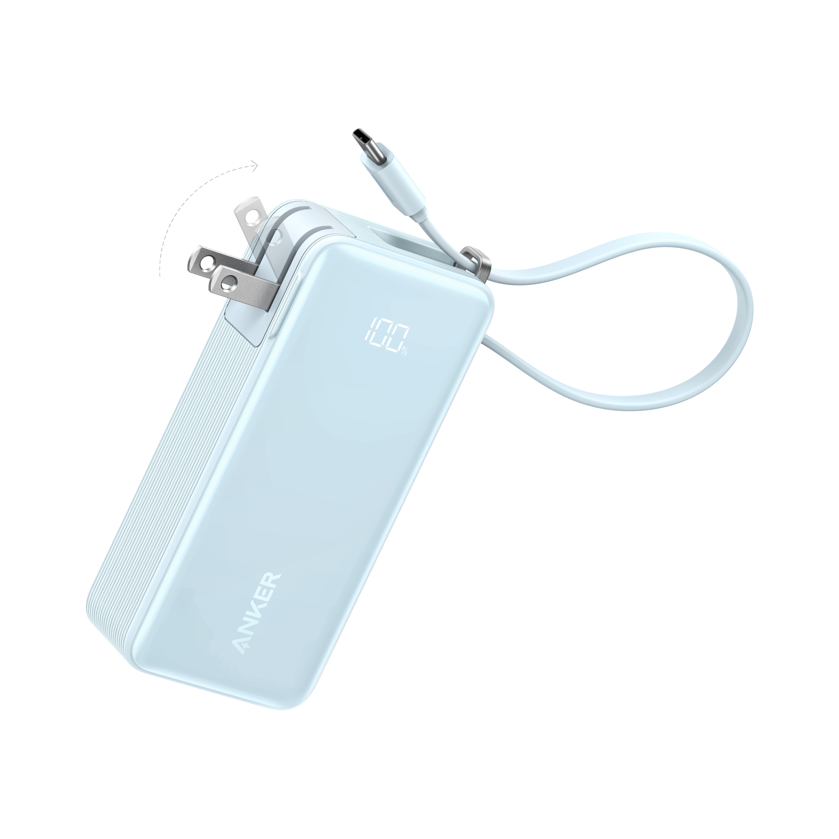 Anker Power Bank (10K, Fusion, Built-In Cable) Built-In USB-C Cable / Ice Lake Blue
