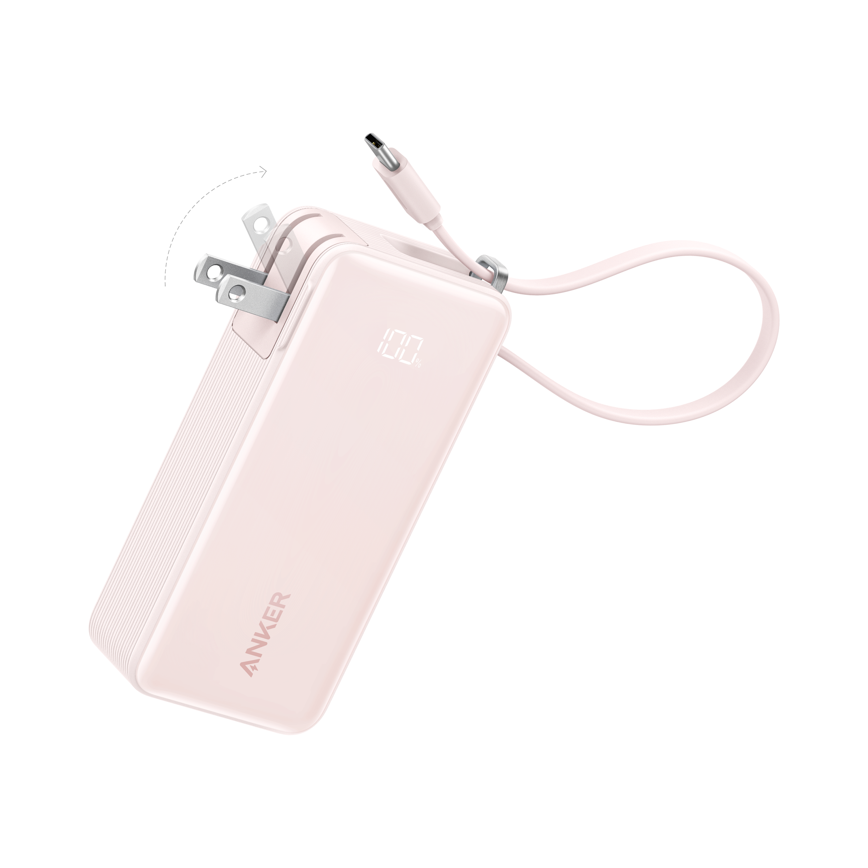 Anker Power Bank (10K, Fusion, Built-In Cable) Built-In USB-C Cable / Pastel Pink