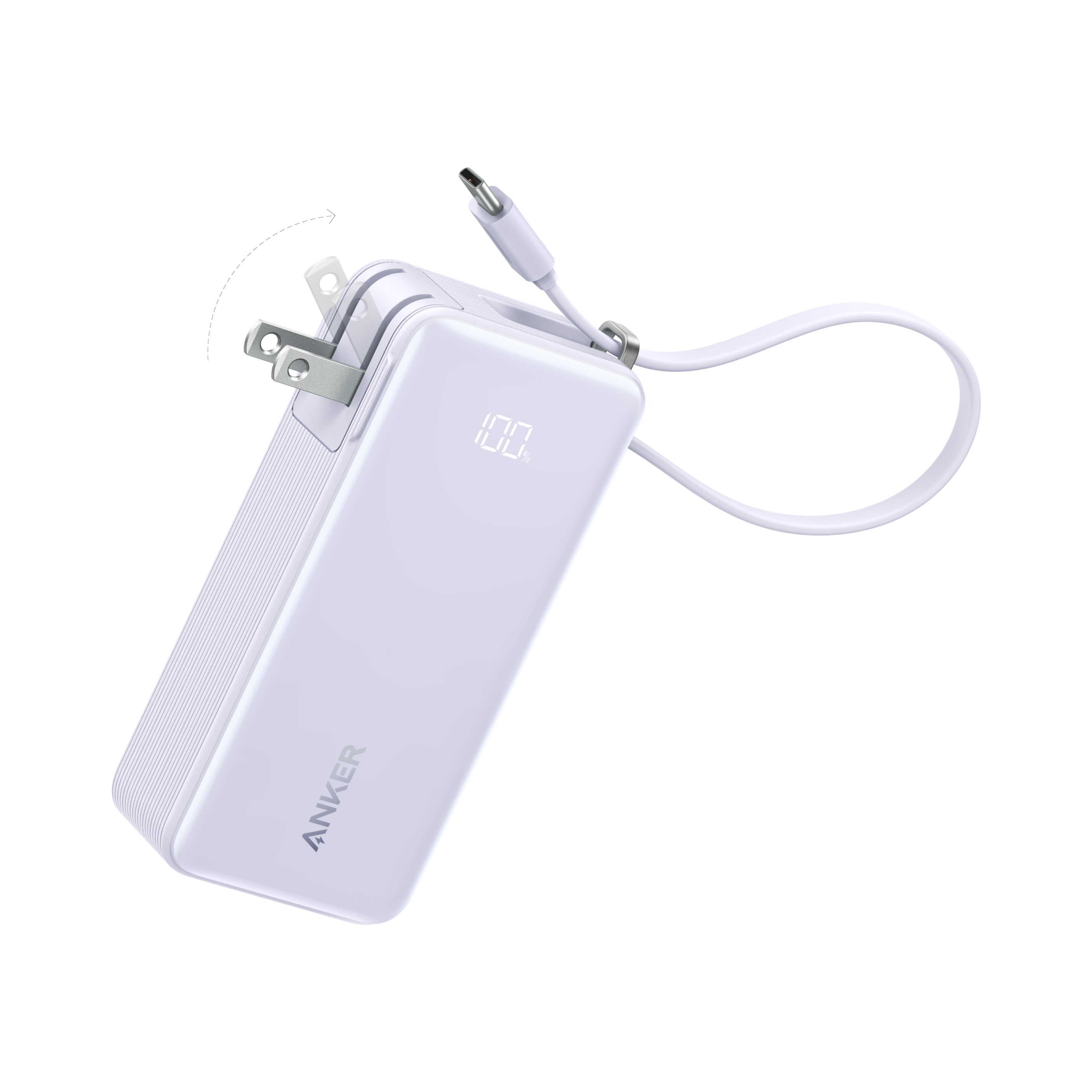 Anker Power Bank (10K, Fusion, Built-In Cable) Built-In USB-C Cable / Lilac Purple