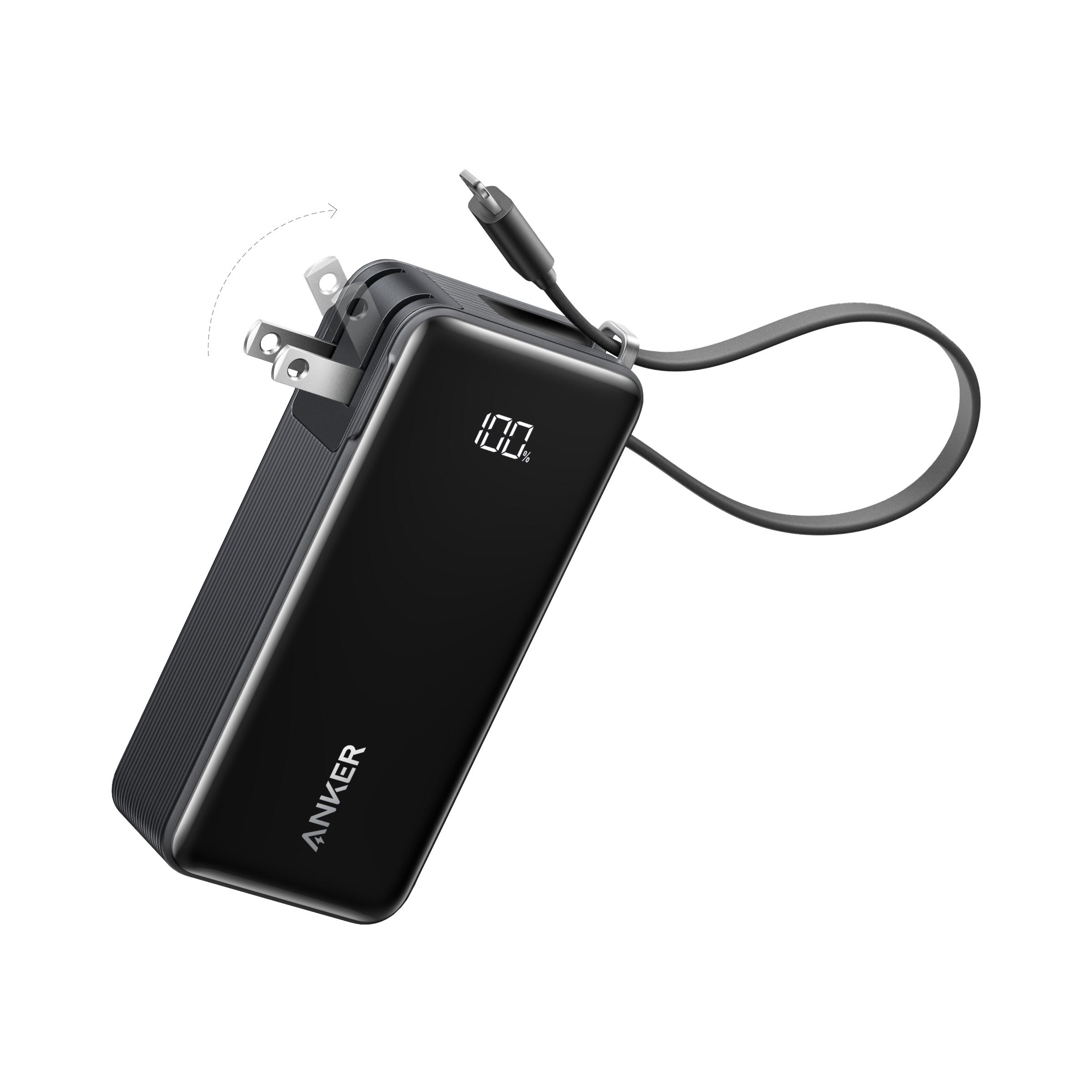 Anker Power Bank (10K, Fusion, Built-In Cable) Built-In Lightning Cable / Truffle Black