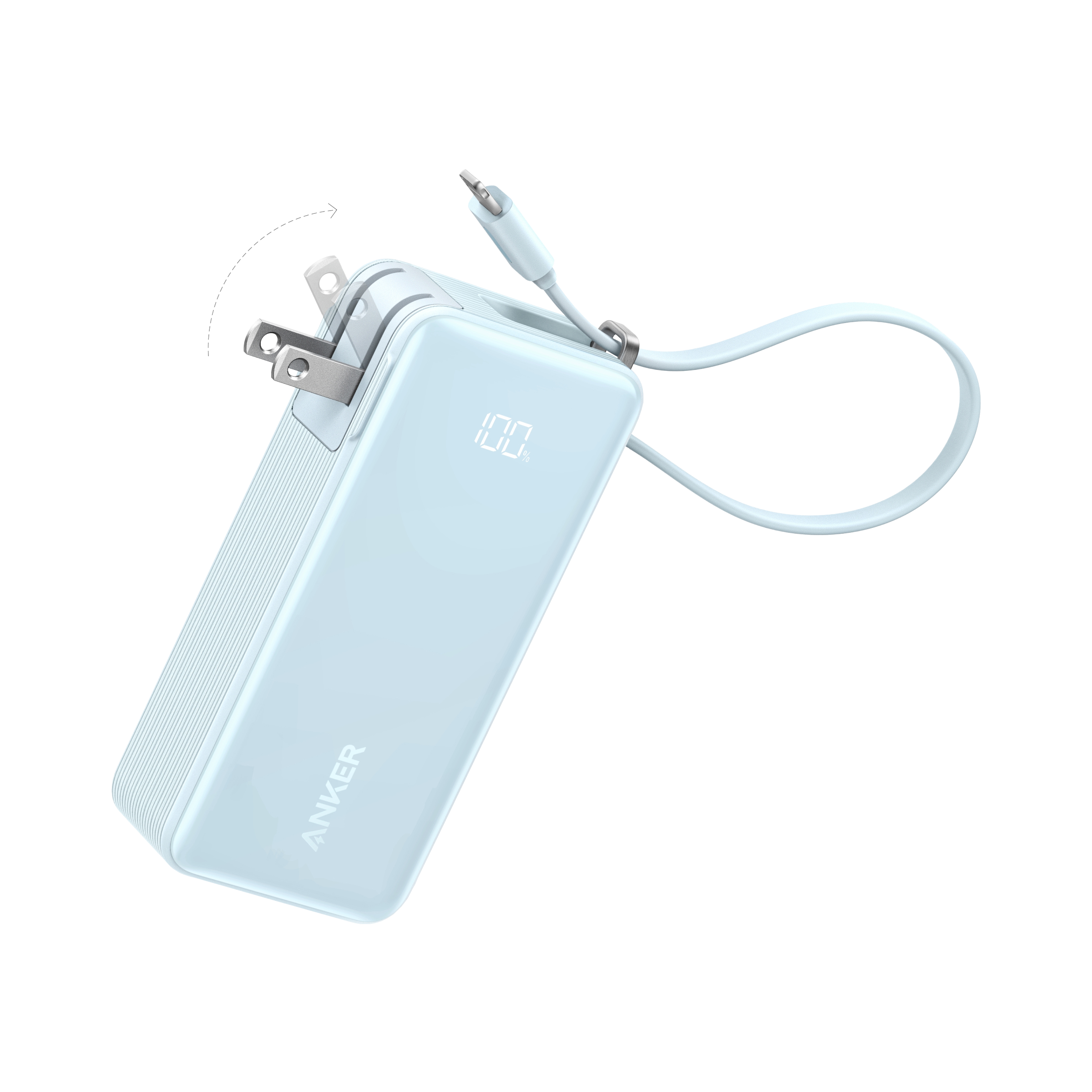 Anker Power Bank (10K, Fusion, Built-In Cable) Built-In Lightning Cable / Ice Lake Blue