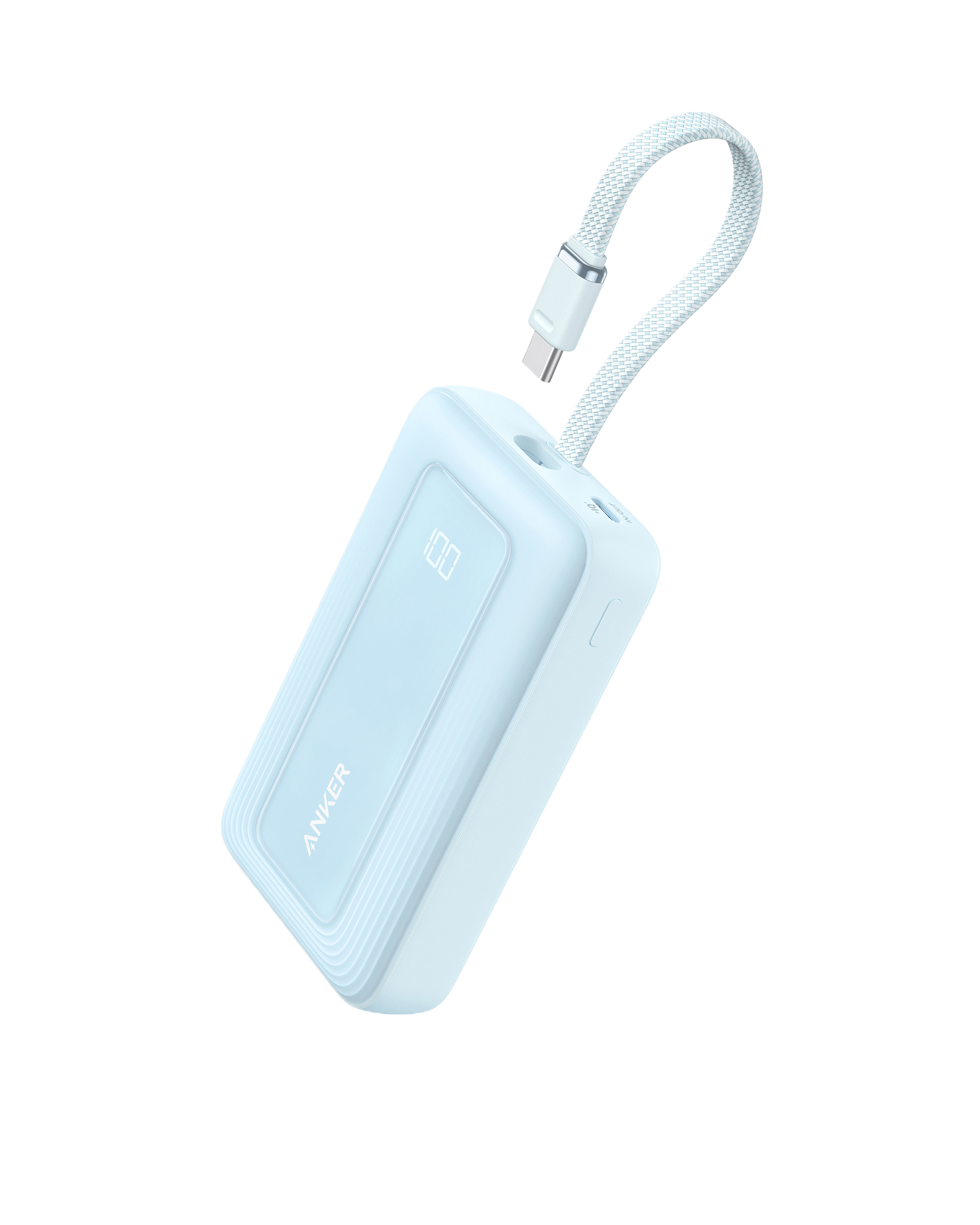 Anker Zolo Power Bank (10K, 30W) with a 5.4-inch (13.7 cm) built-in USB-C cable. Misty Blue