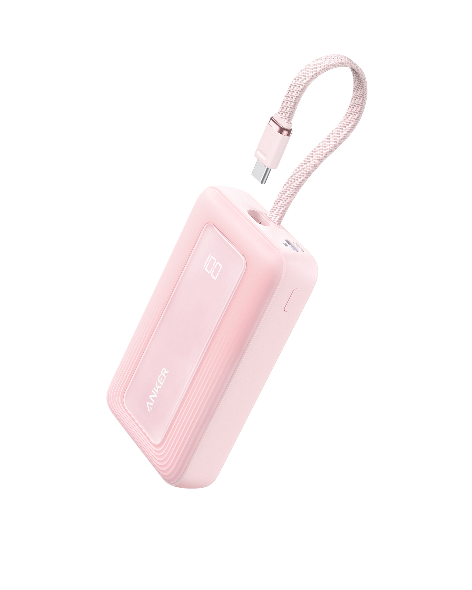 Anker Zolo Power Bank (10K, 30W) with a 5.4-inch (13.7 cm) built-in USB-C cable. Coral Pink