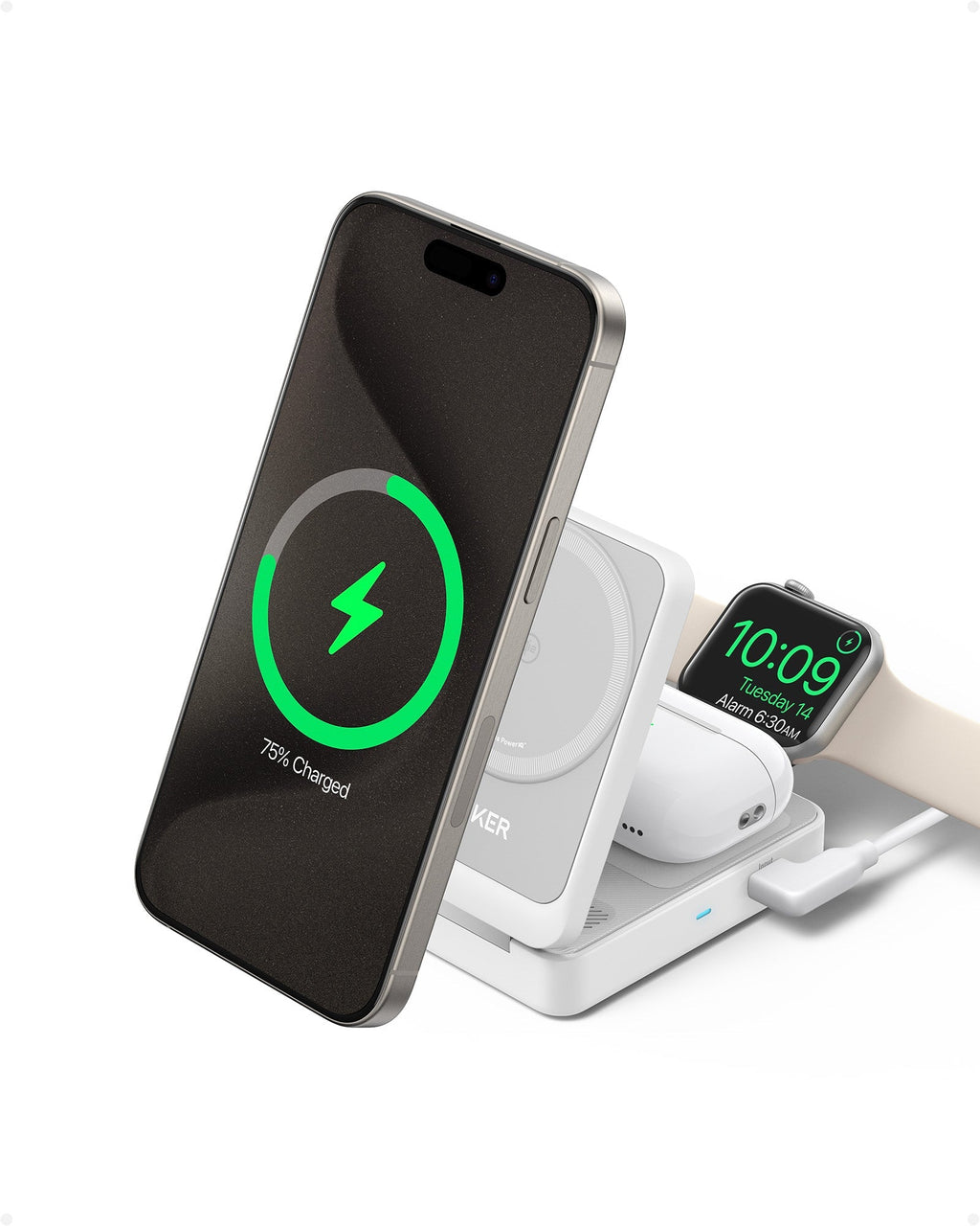 Anker MagGo Wireless Charging Station (Foldable 3-in-1) and Anker Nano Travel Adapter (5-in-1, 20W, 1-Pack)