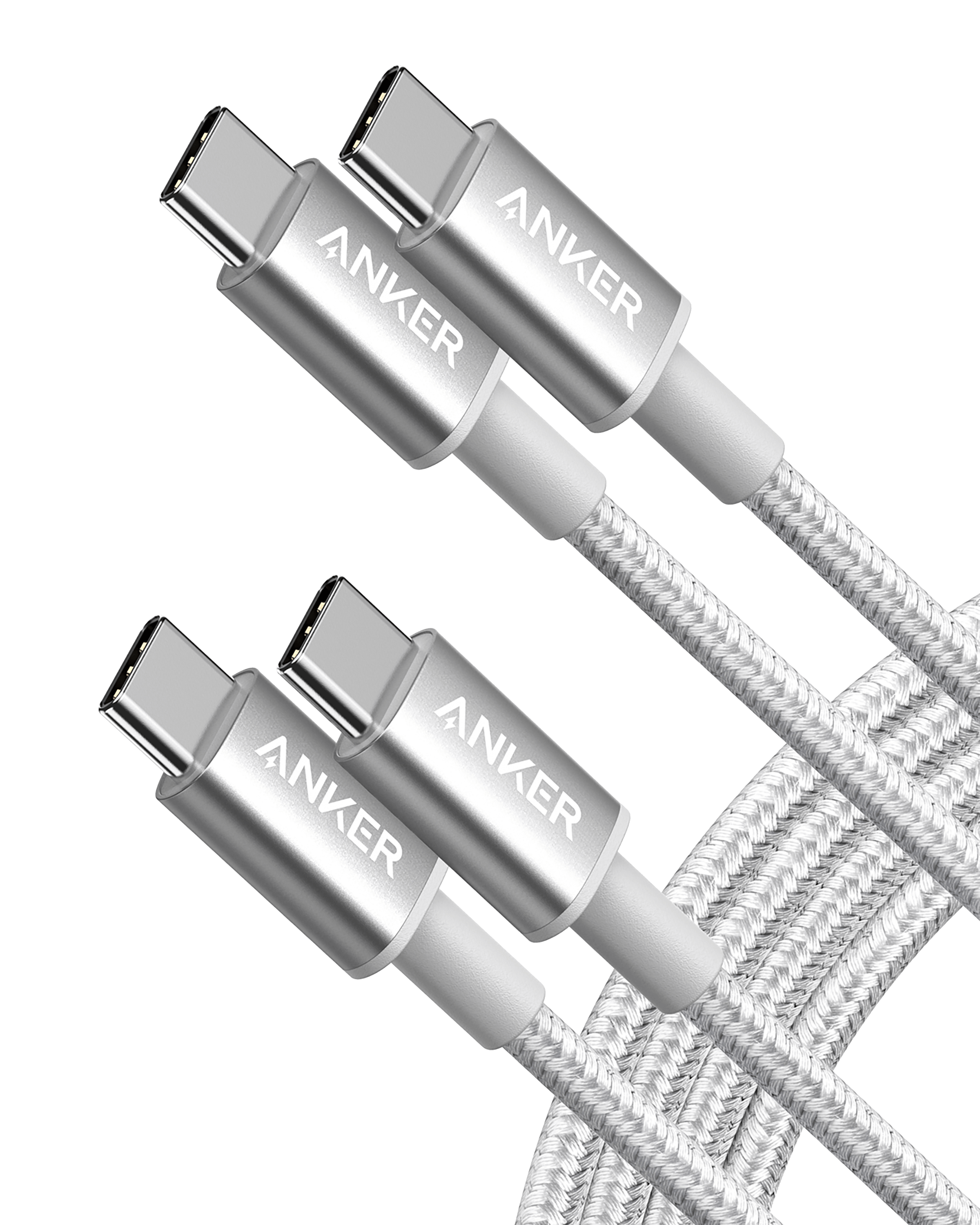 2-Pack Anker New Nylon USB-C to USB-C Cable (3 ft / 6 ft, 60W) Silver / 6ft