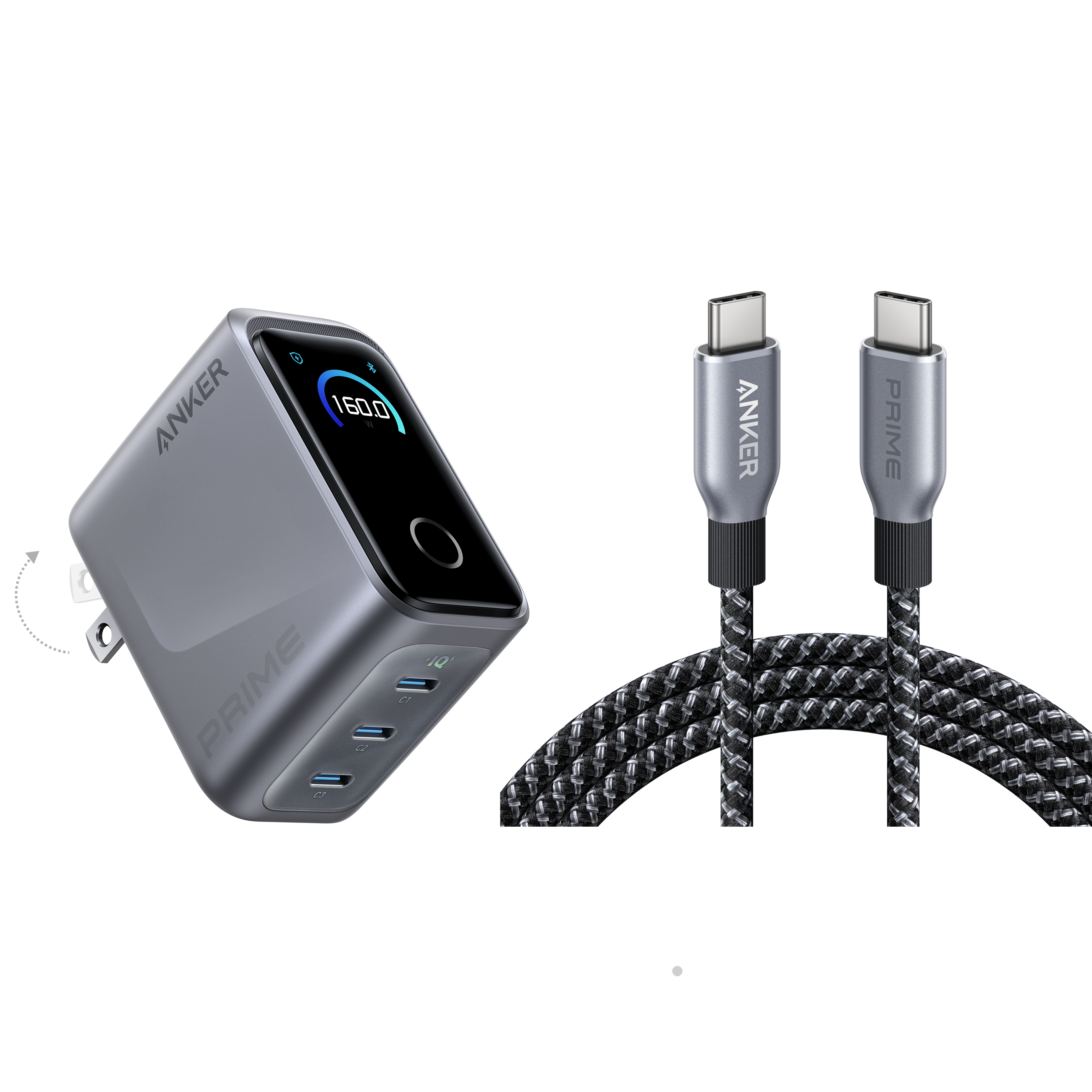 Anker Prime Charger (160W, 3 Ports, Smart Display) with Anker Prime USB-C to USB-C Cable (240W, Upcycled-Braided) Charger with 6 ft Cable