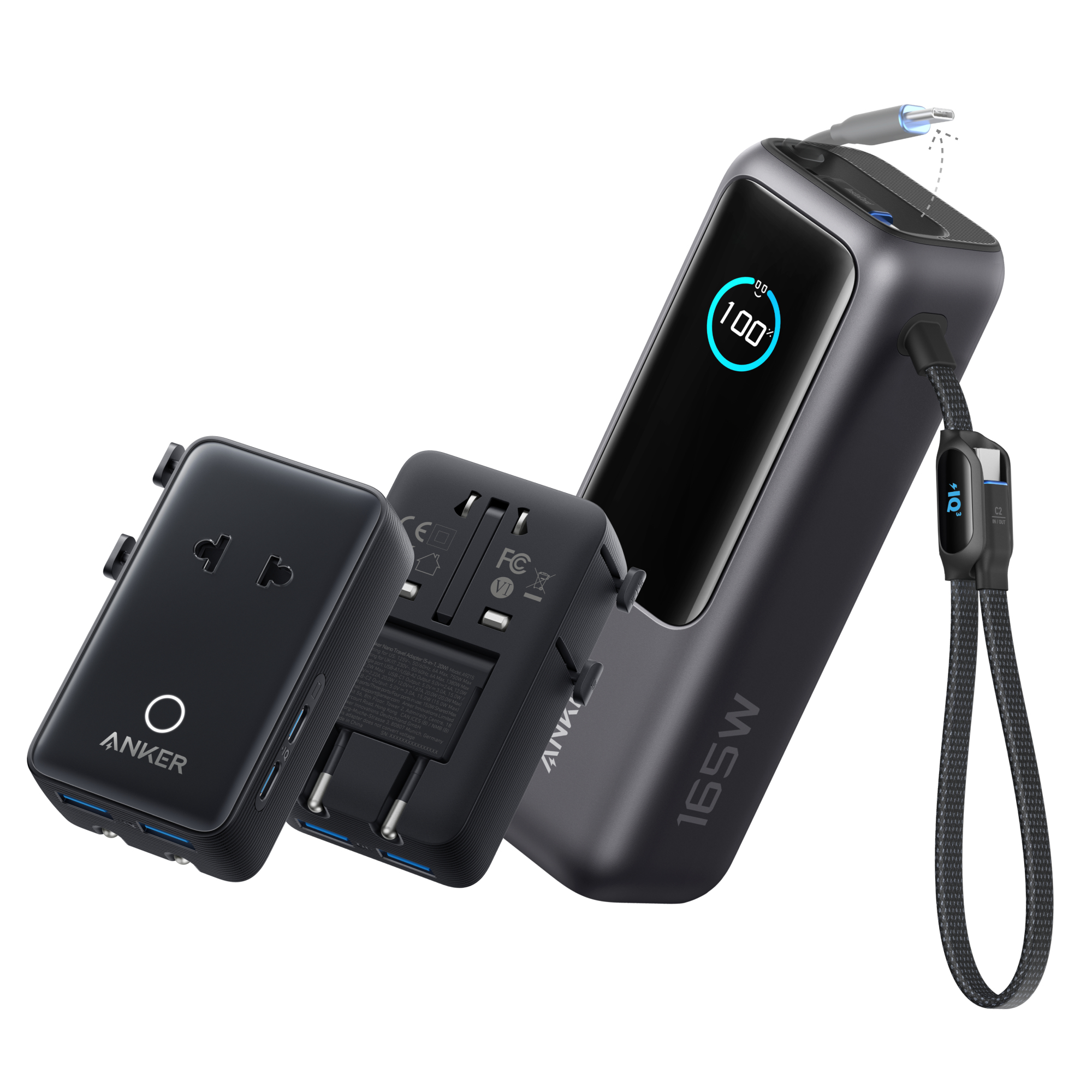 Anker Laptop Power Bank (25K, 165W, Built-In and Retractable Cables) Space Black / Power Bank + Travel Adapter