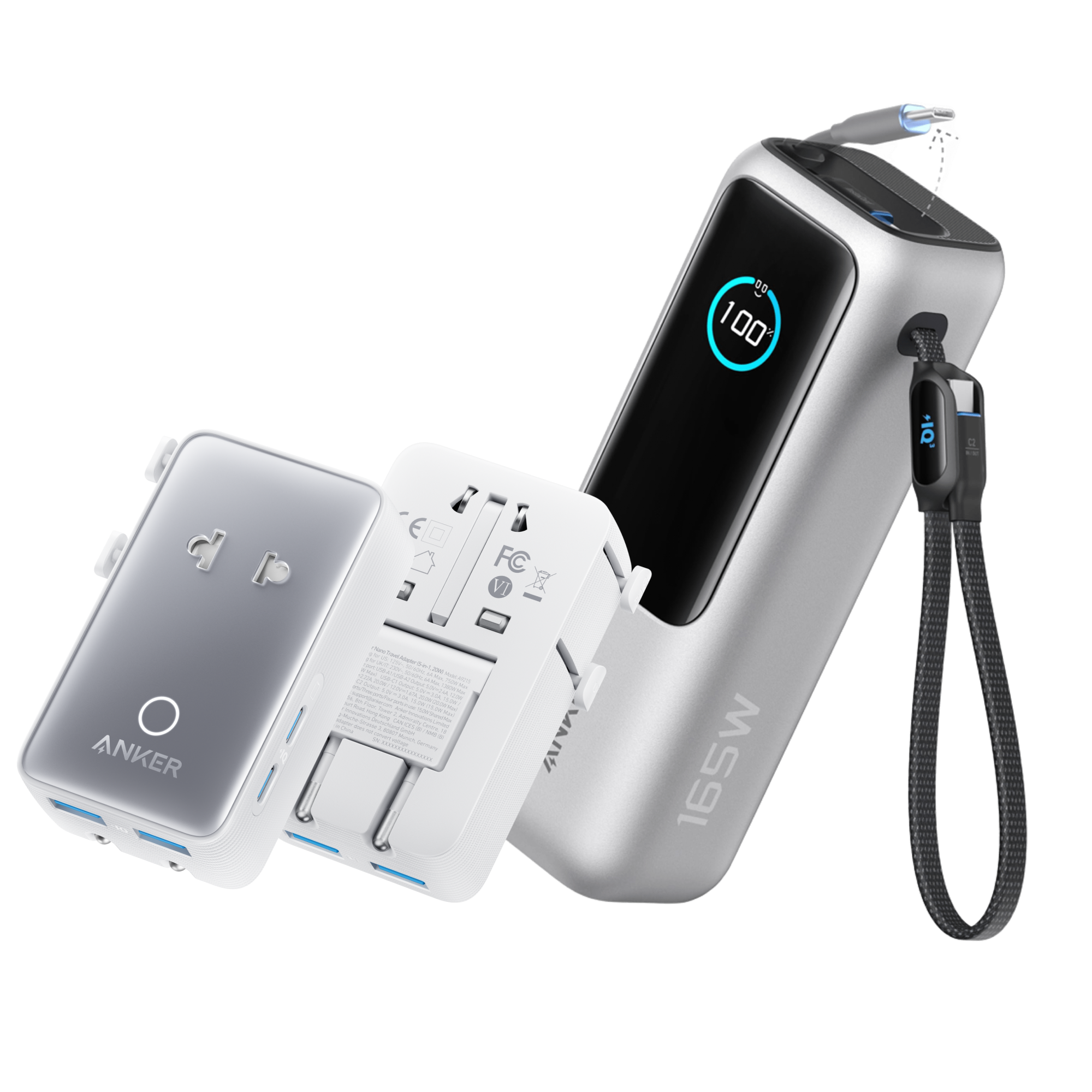 Anker Laptop Power Bank (25K, 165W, Built-In and Retractable Cables) Silver / Power Bank + Travel Adapter