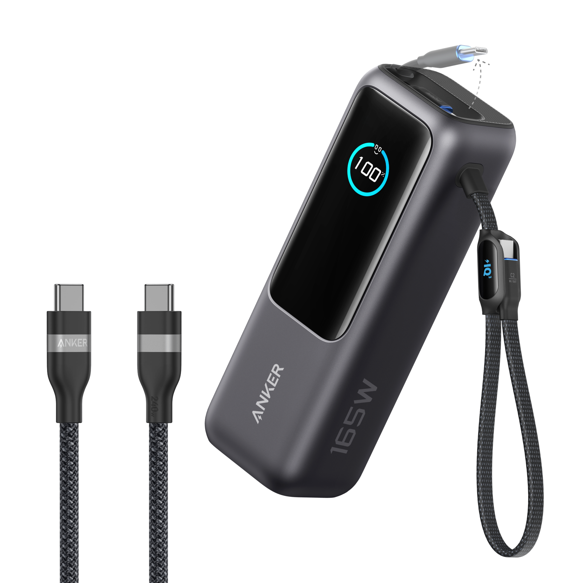 Anker Laptop Power Bank (25K, 165W, Built-In and Retractable Cables) Space Black / Power Bank + 3ft Cable