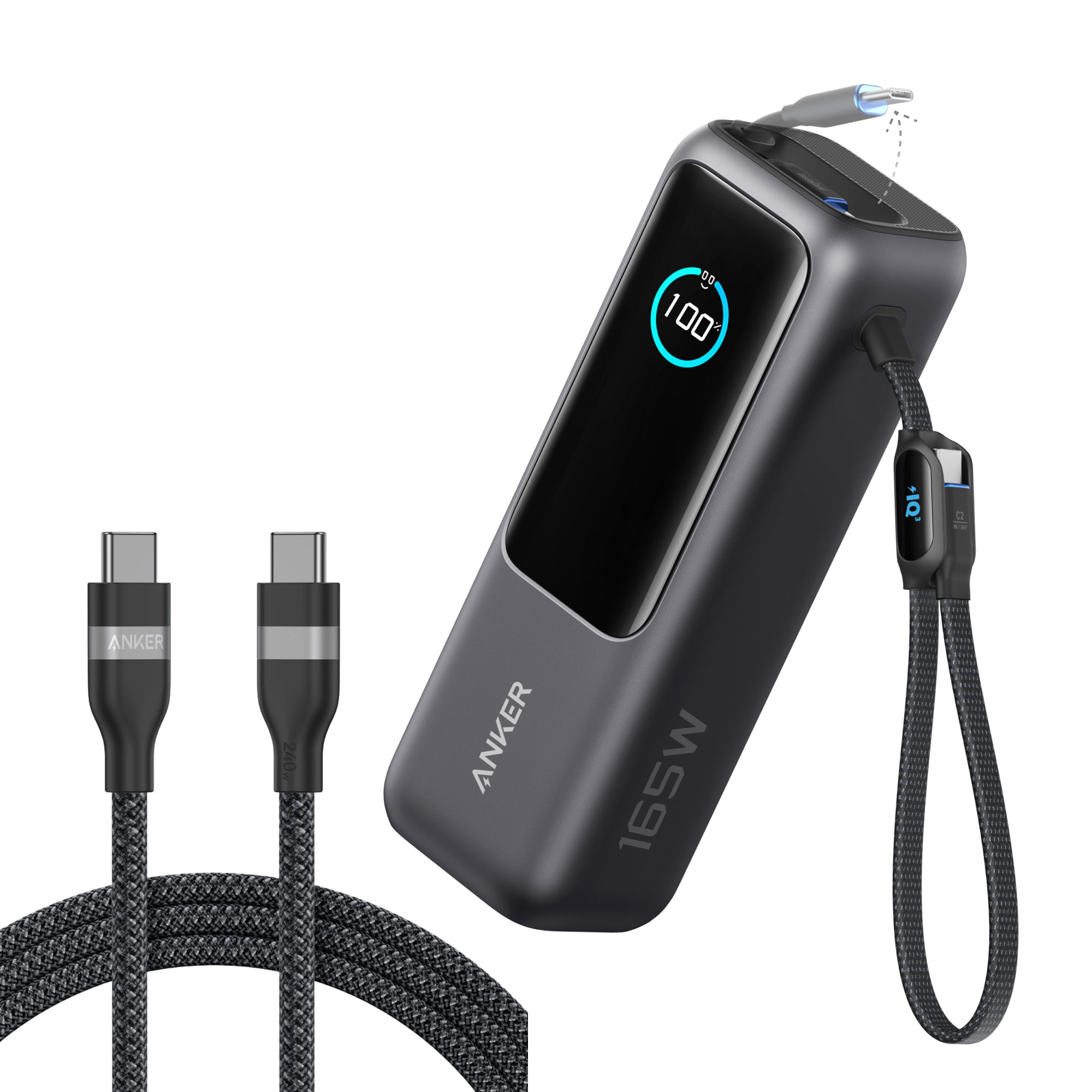 Anker Laptop Power Bank (25K, 165W, Built-In and Retractable Cables) and Anker USB-C to USB-C Cable (6 ft, 240W, Upcycled-Braided) Black / Power Bank + 6ft Cable