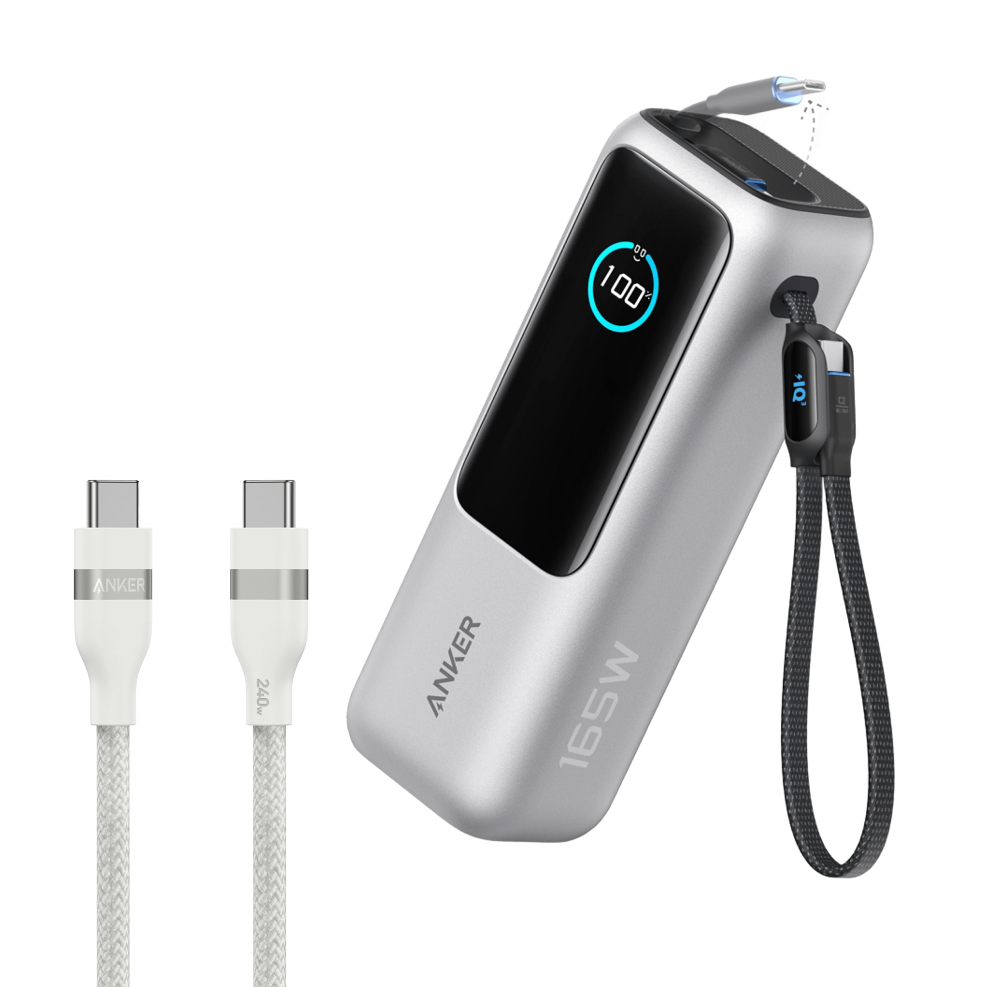 Anker Laptop Power Bank (25K, 165W, Built-In and Retractable Cables) and Anker USB-C to USB-C Cable (6 ft, 240W, Upcycled-Braided) Silver / Power Bank + 3ft Cable