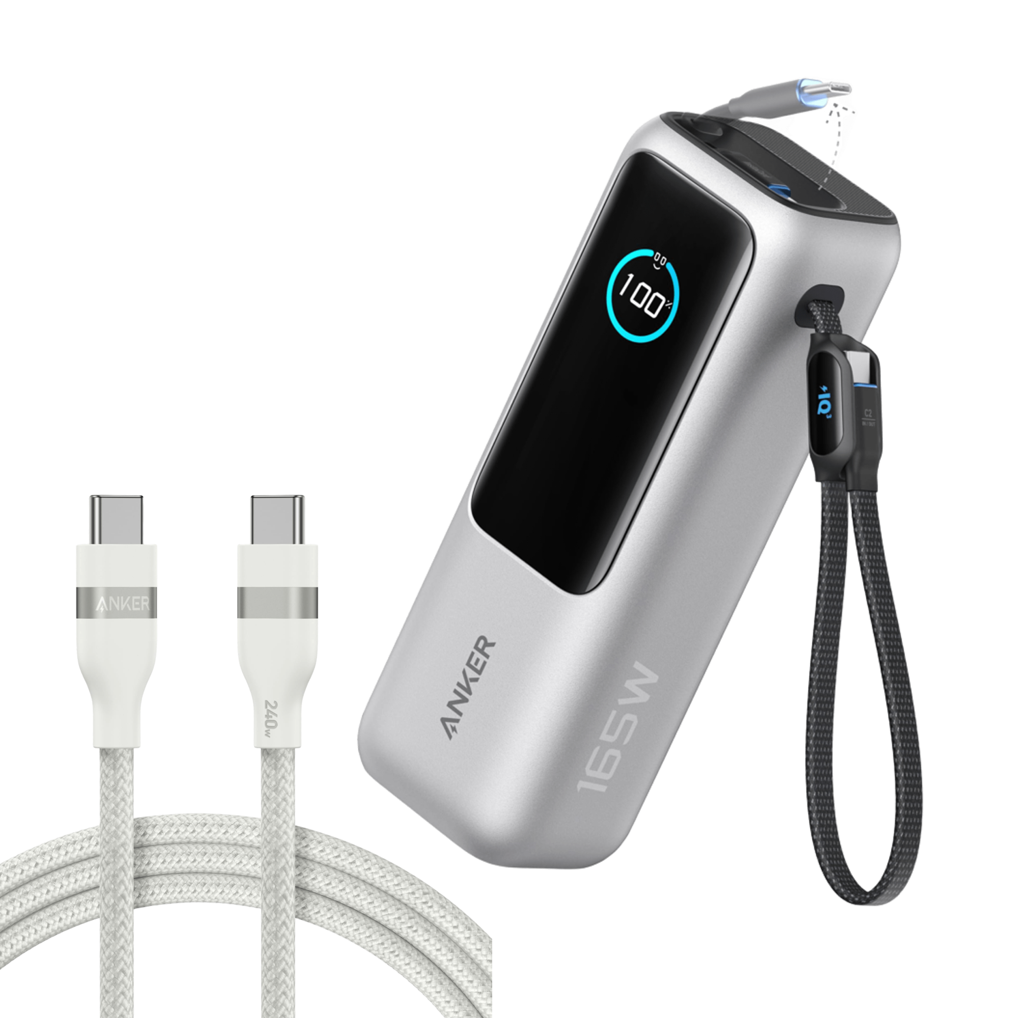 Anker Laptop Power Bank (25K, 165W, Built-In and Retractable Cables) and Anker USB-C to USB-C Cable (6 ft, 240W, Upcycled-Braided) Silver / Power Bank + 6ft Cable