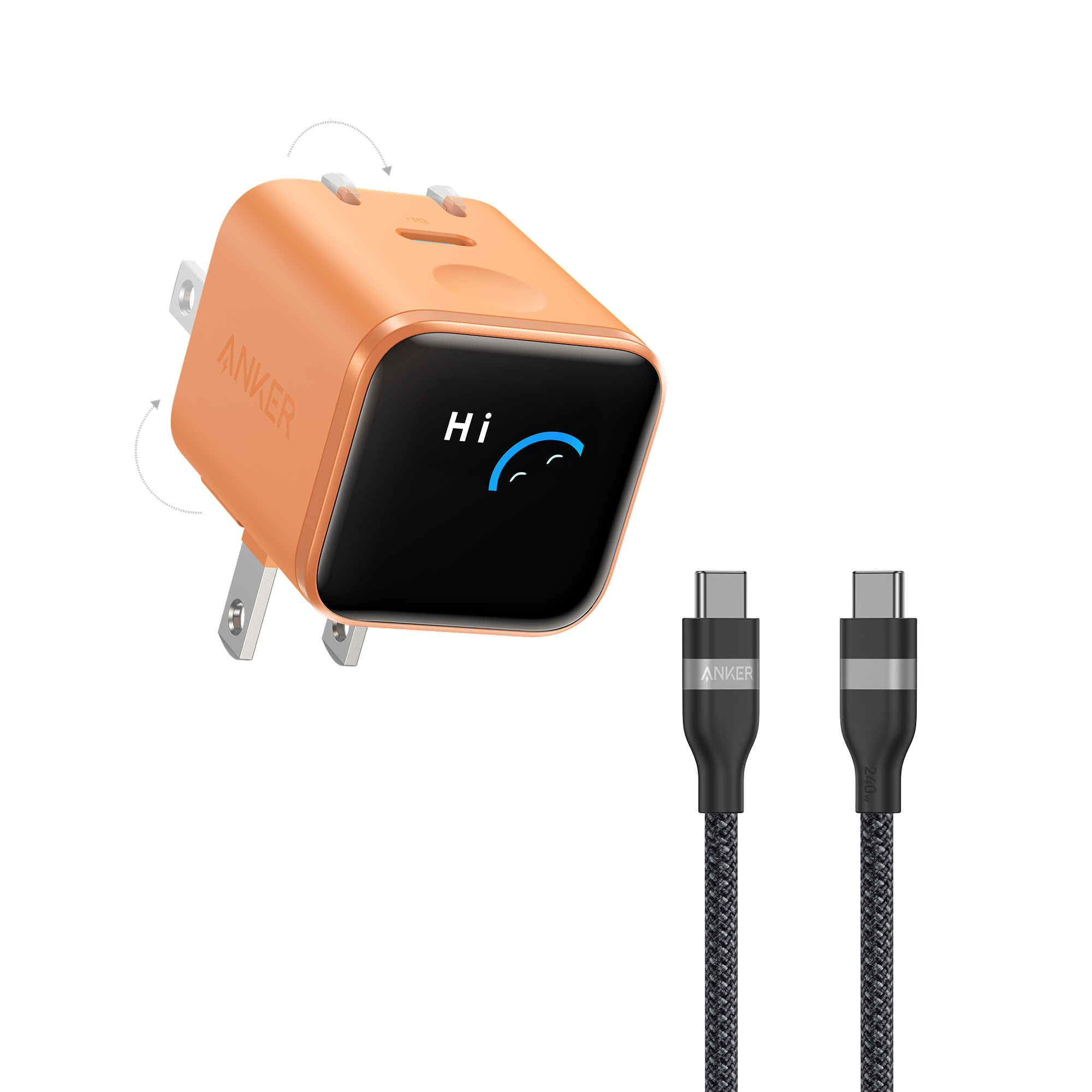 Anker Nano Charger (45W, Smart Display, 180° Foldable) and USB-C to USB-C Cable 3 ft / Orange