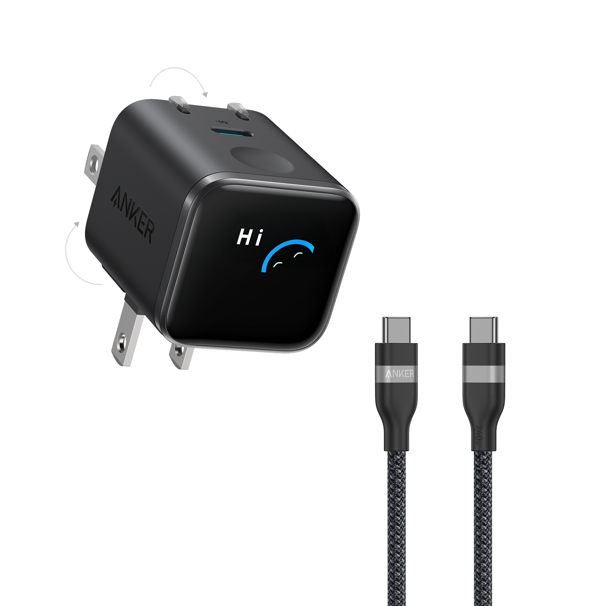 Anker Nano Charger (45W, Smart Display, 180° Foldable) and USB-C to USB-C Cable 3 ft / Black Stone