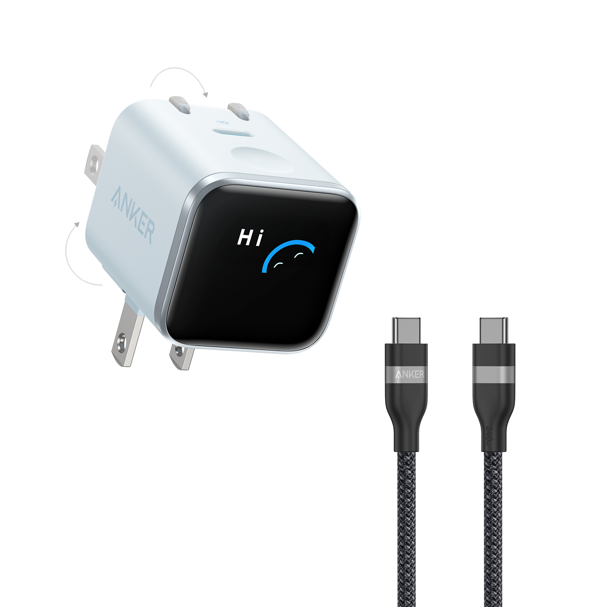 Anker Nano Charger (45W, Smart Display, 180° Foldable) and USB-C to USB-C Cable 3 ft / Misty Blue