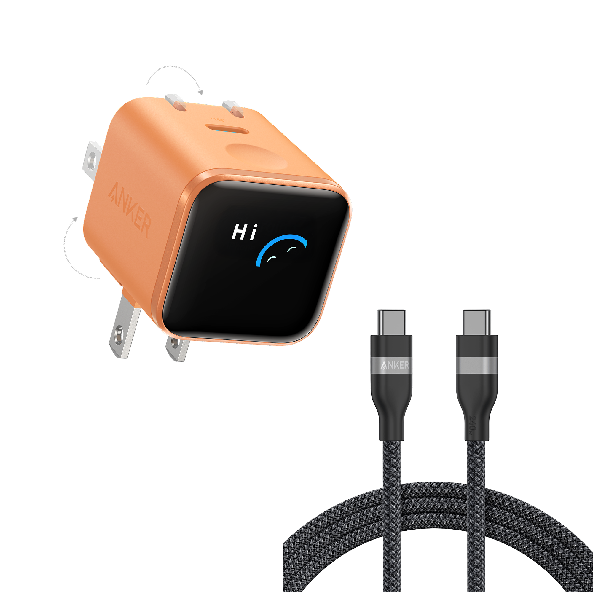 Anker Nano Charger (45W, Smart Display, 180° Foldable) and USB-C to USB-C Cable 6 ft / Orange