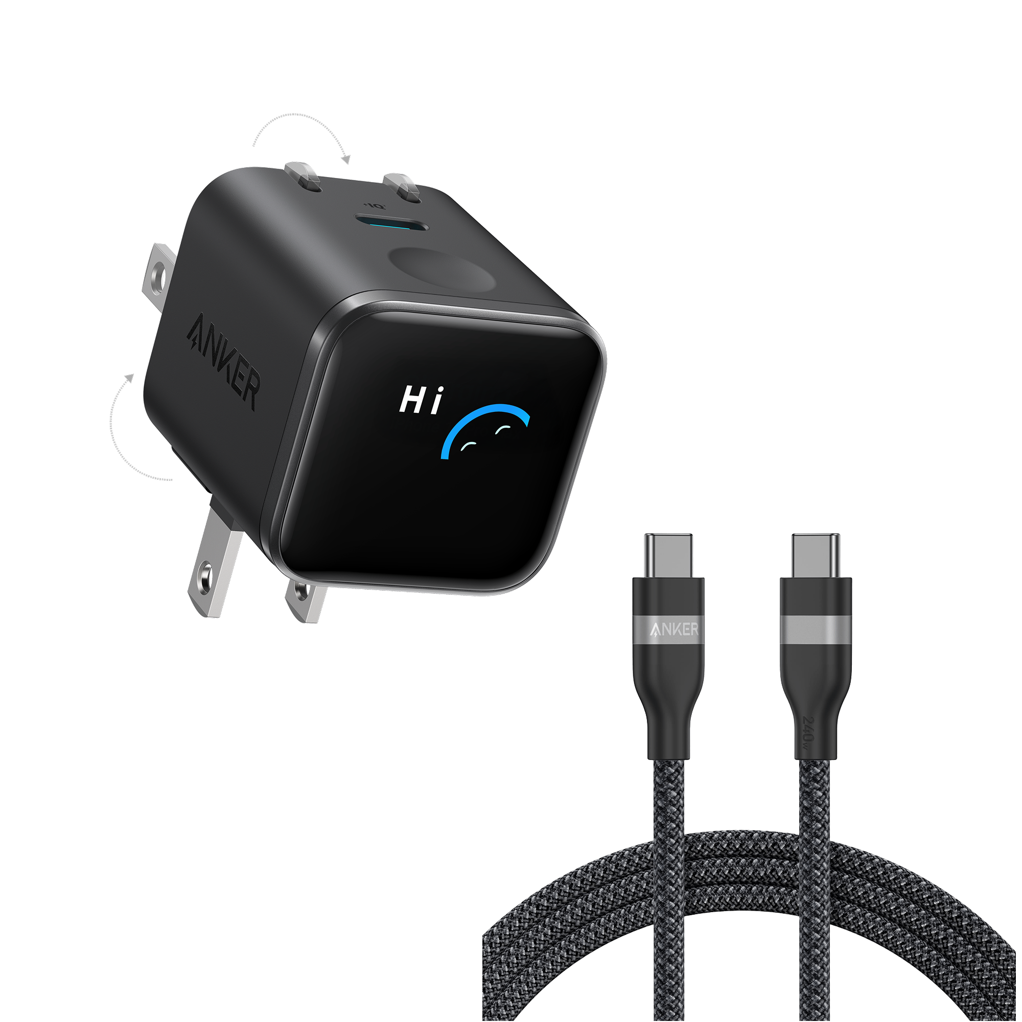 Anker Nano Charger (45W, Smart Display, 180° Foldable) and USB-C to USB-C Cable 6 ft / Black Stone