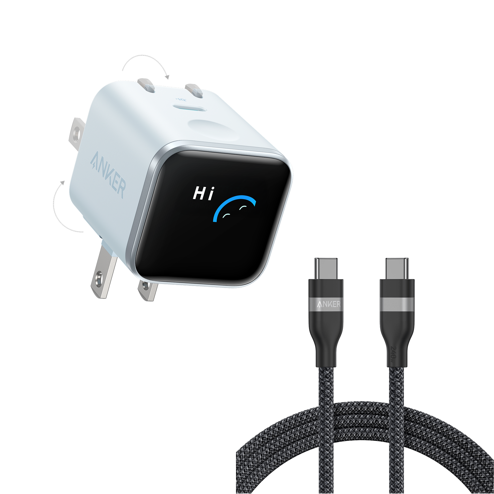 Anker Nano Charger (45W, Smart Display, 180° Foldable) Blue + 6 ft Cable | 1-Pack Each