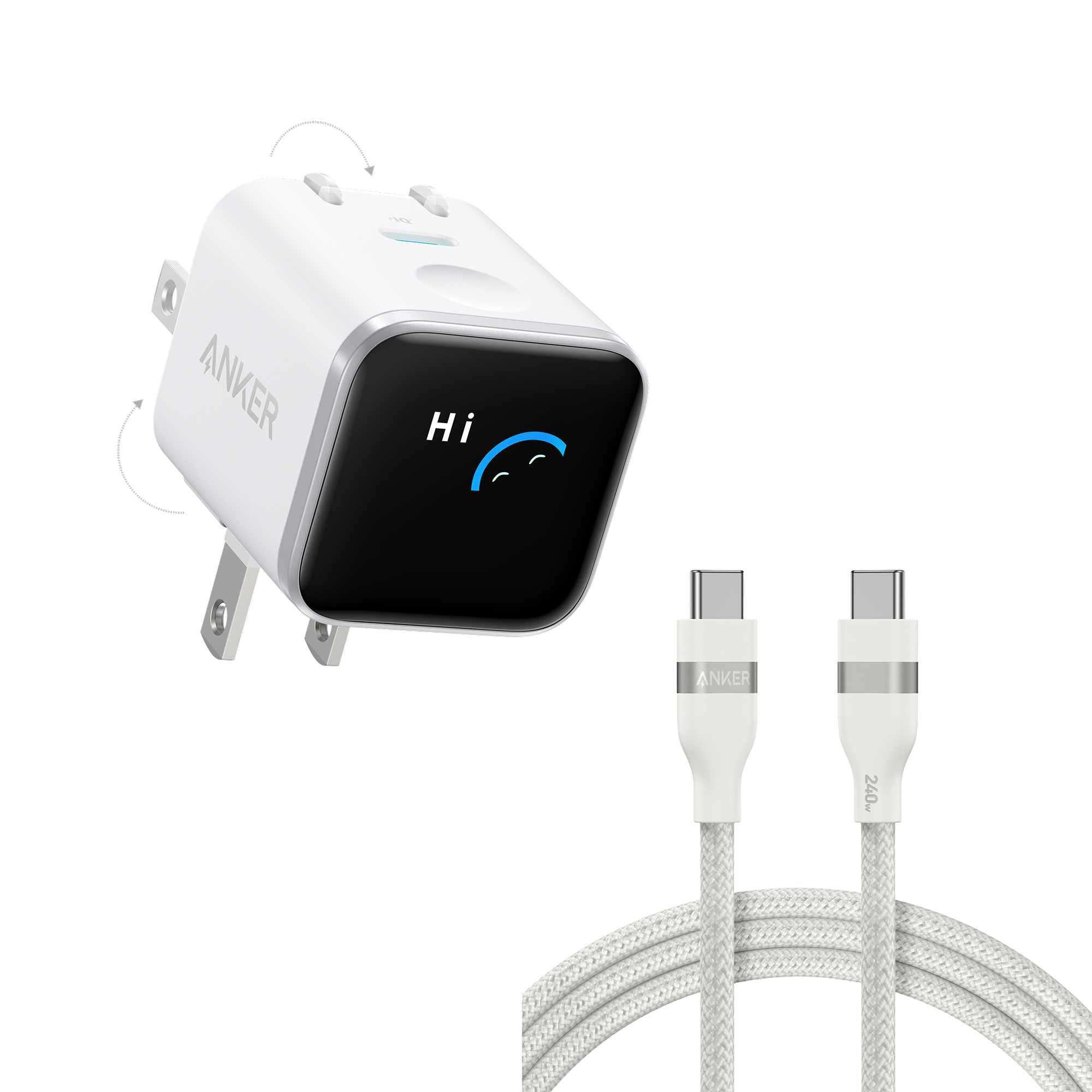Anker Nano Charger (45W, Smart Display, 180° Foldable) and USB-C to USB-C Cable 6 ft / Aurora White