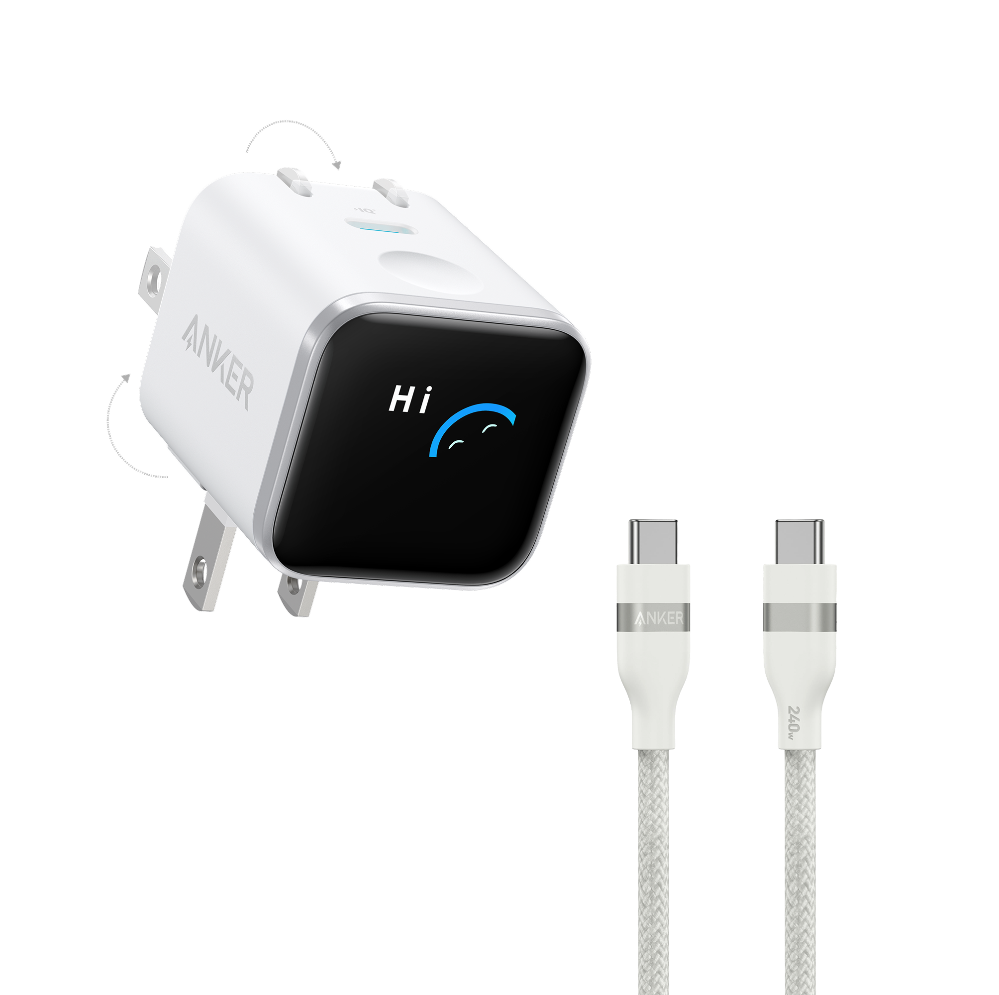 Anker Nano Charger (45W, Smart Display, 180° Foldable) White + 3 ft Cable | 1-Pack Each