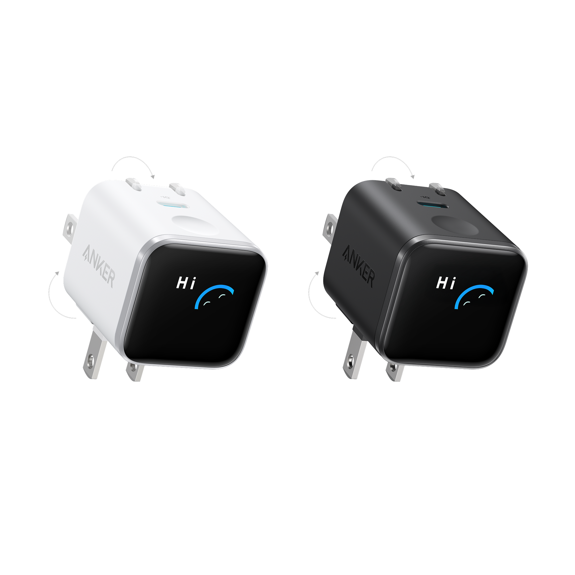 Anker Nano Charger (45W, Smart Display, 180° Foldable) White + Black | 1-Pack Each