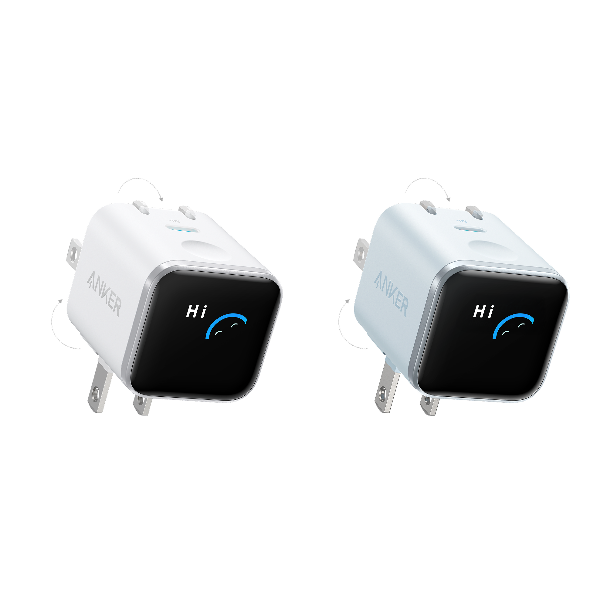Anker Nano Charger (45W, Smart Display, 180° Foldable) White + Blue | 1-Pack Each