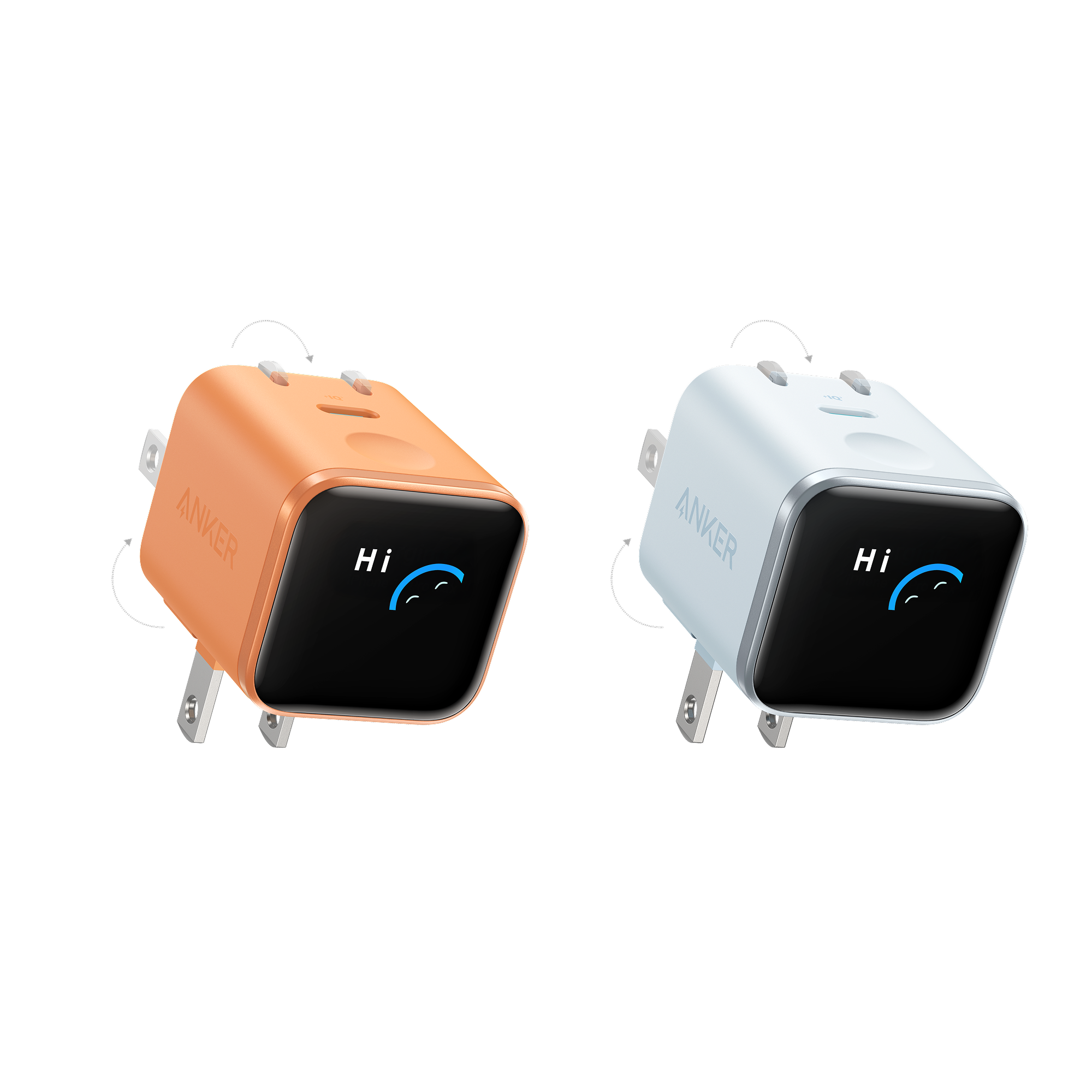 Anker Nano Charger (45W, Smart Display, 180° Foldable) Orange + Blue | 1-Pack Each