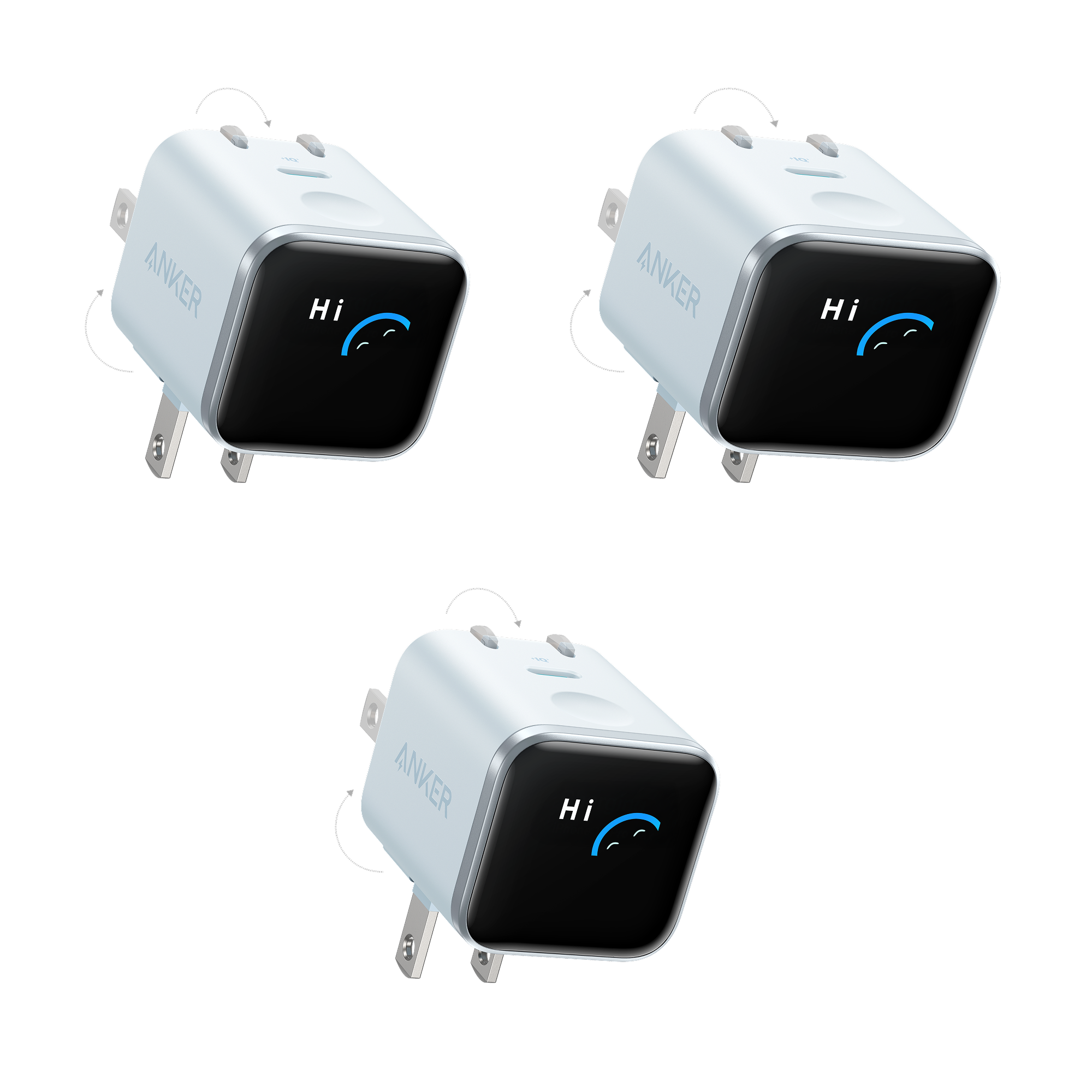 Anker Nano Charger (45W, Smart Display, 180° Foldable, 3-Pack) Misty Blue