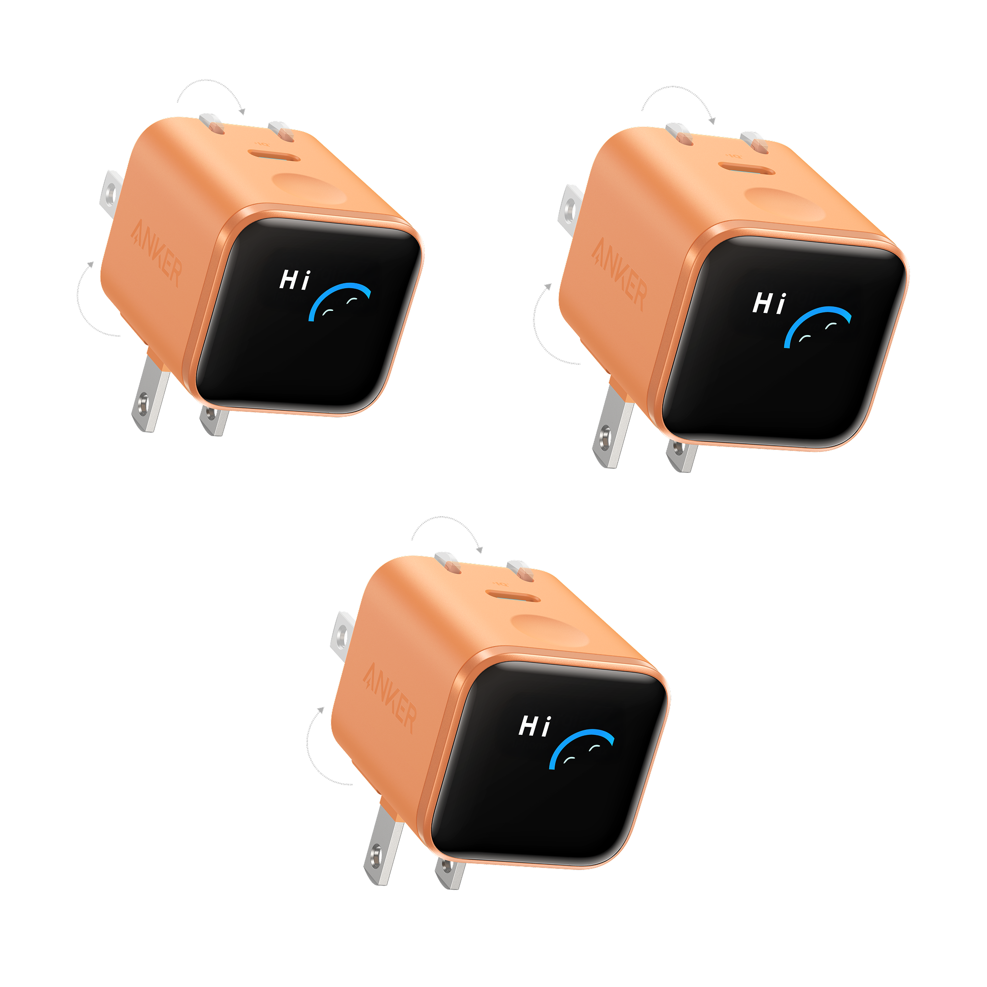 Anker Nano Charger (45W, Smart Display, 180° Foldable, 3-Pack) Orange