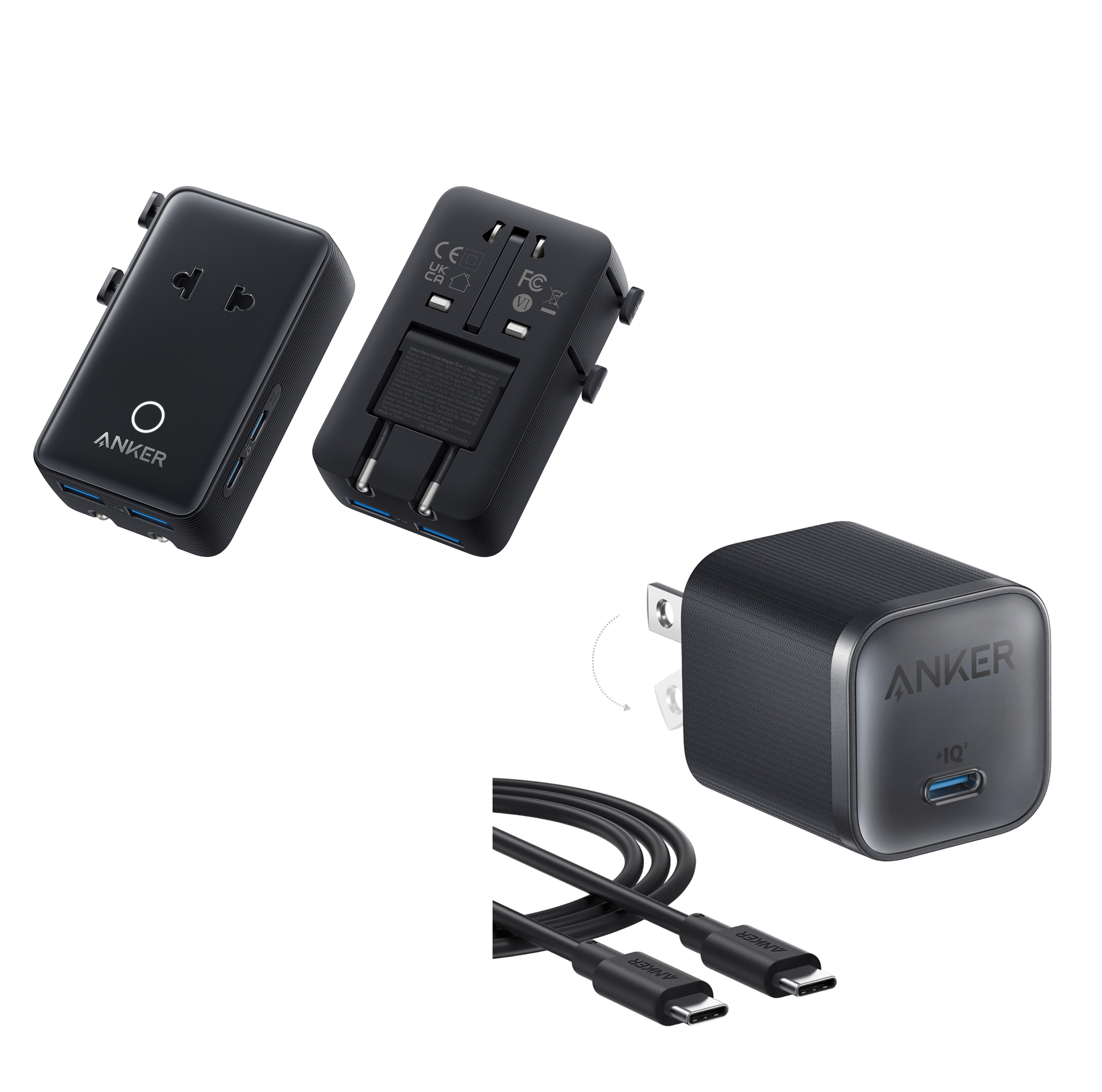 Anker Nano Travel Adapter (5-in-1, 20W, 1-Pack) and Anker Nano Charger (45W) with USB-C to USB-C Cable Black