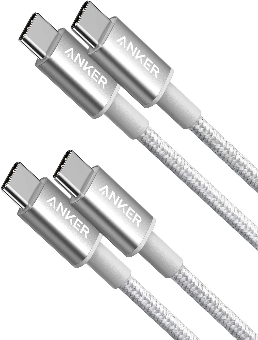 2-Pack Anker New Nylon USB-C to USB-C Cable (3 ft / 6 ft, 60W) Silver / 3ft