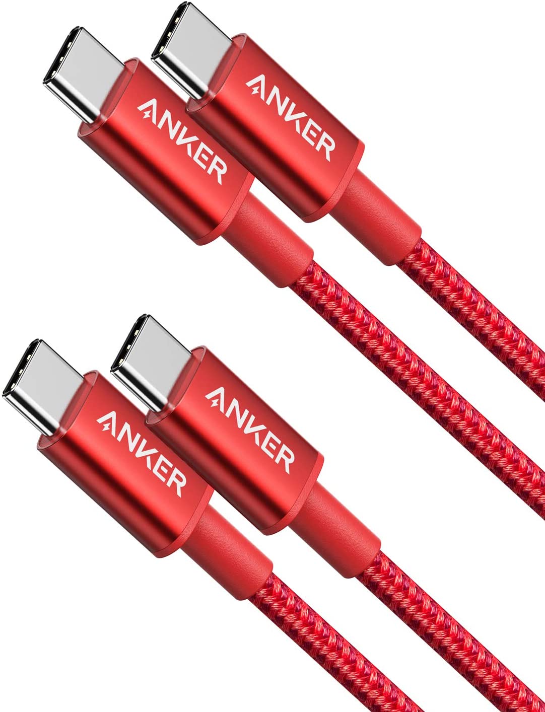 2-Pack Anker New Nylon USB-C to USB-C Cable (3 ft / 6 ft, 60W) Red / 3ft